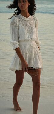 NWOT LoveShackFancy Viola Lace Trim Mini Dress in Antique White, Med $495